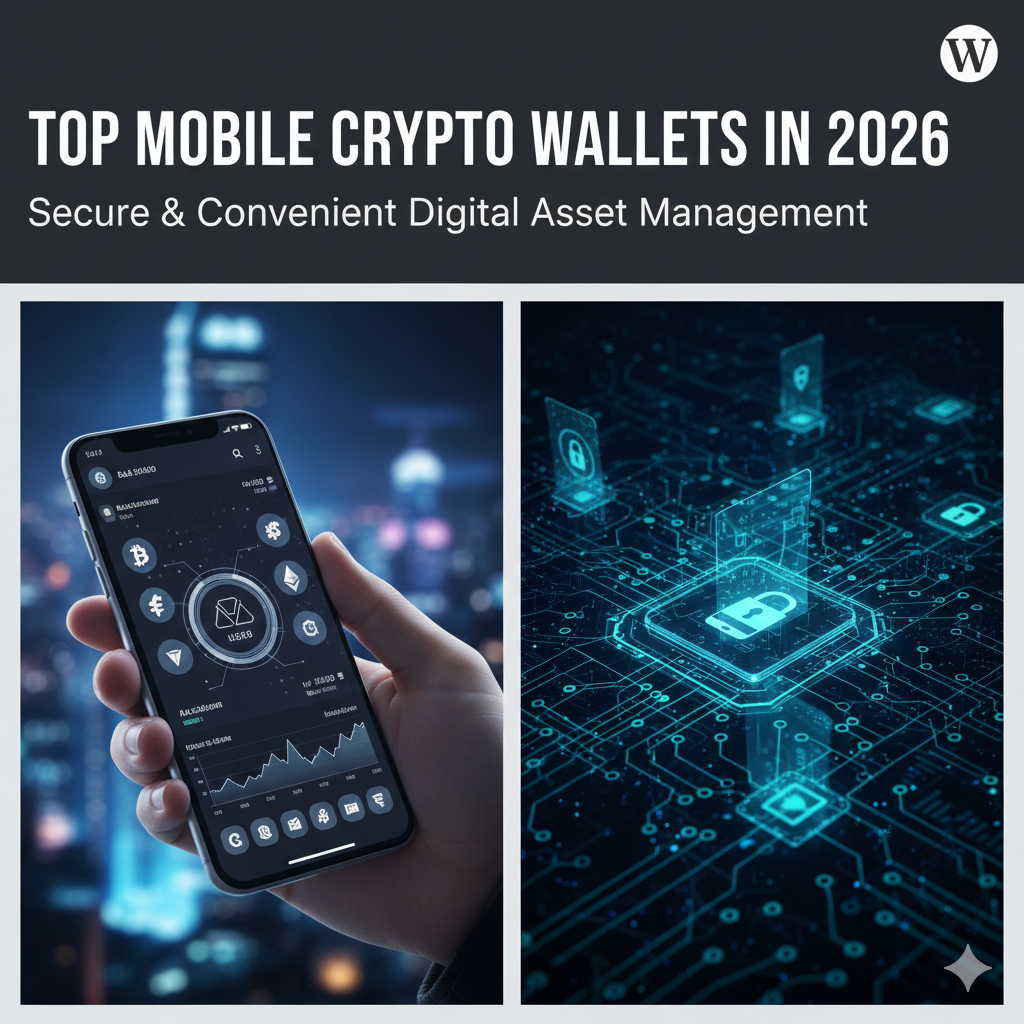 Smartphone showing top mobile crypto wallet apps for managing cryptocurrency.